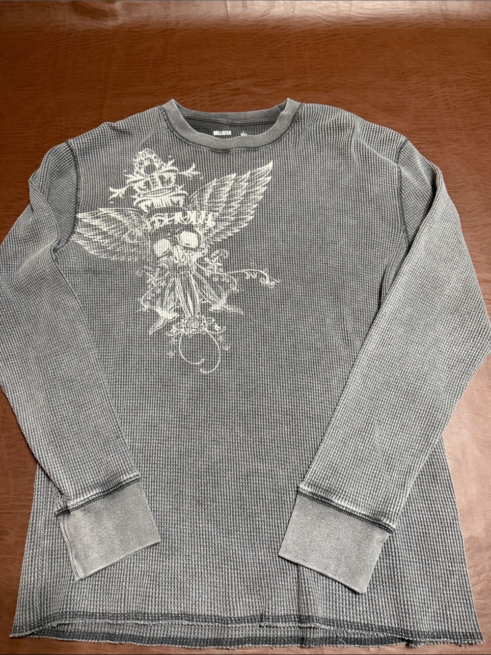 Hollister Gray Long-Sleeve Waffle Thermal with White Winged Skull Graphic